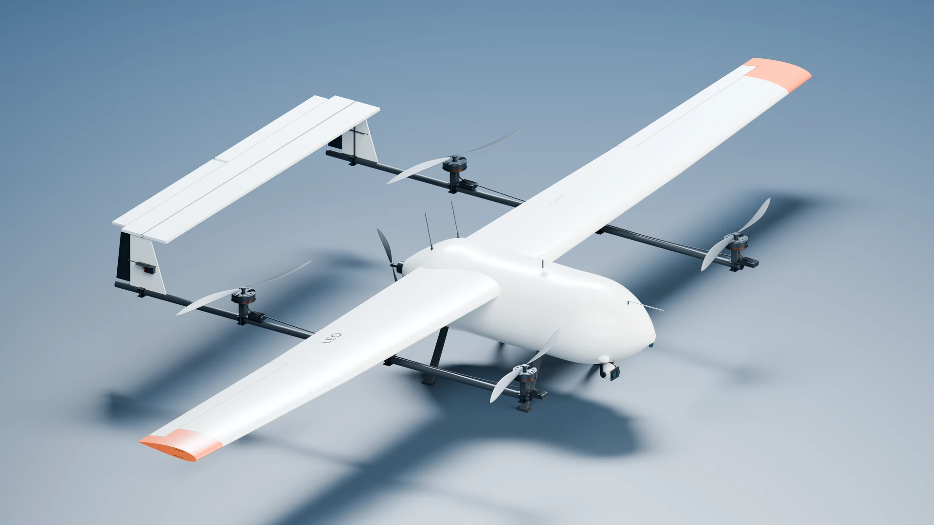 CAD-derived development render of Leo with its white wing, four lift rotors, twin booms, rear pusher propeller and nose camera.