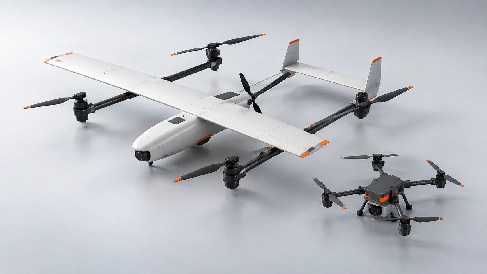 Design visualization of Leo, a white lift-plus-cruise VTOL aircraft, and Neso, a compact dark quadcopter.