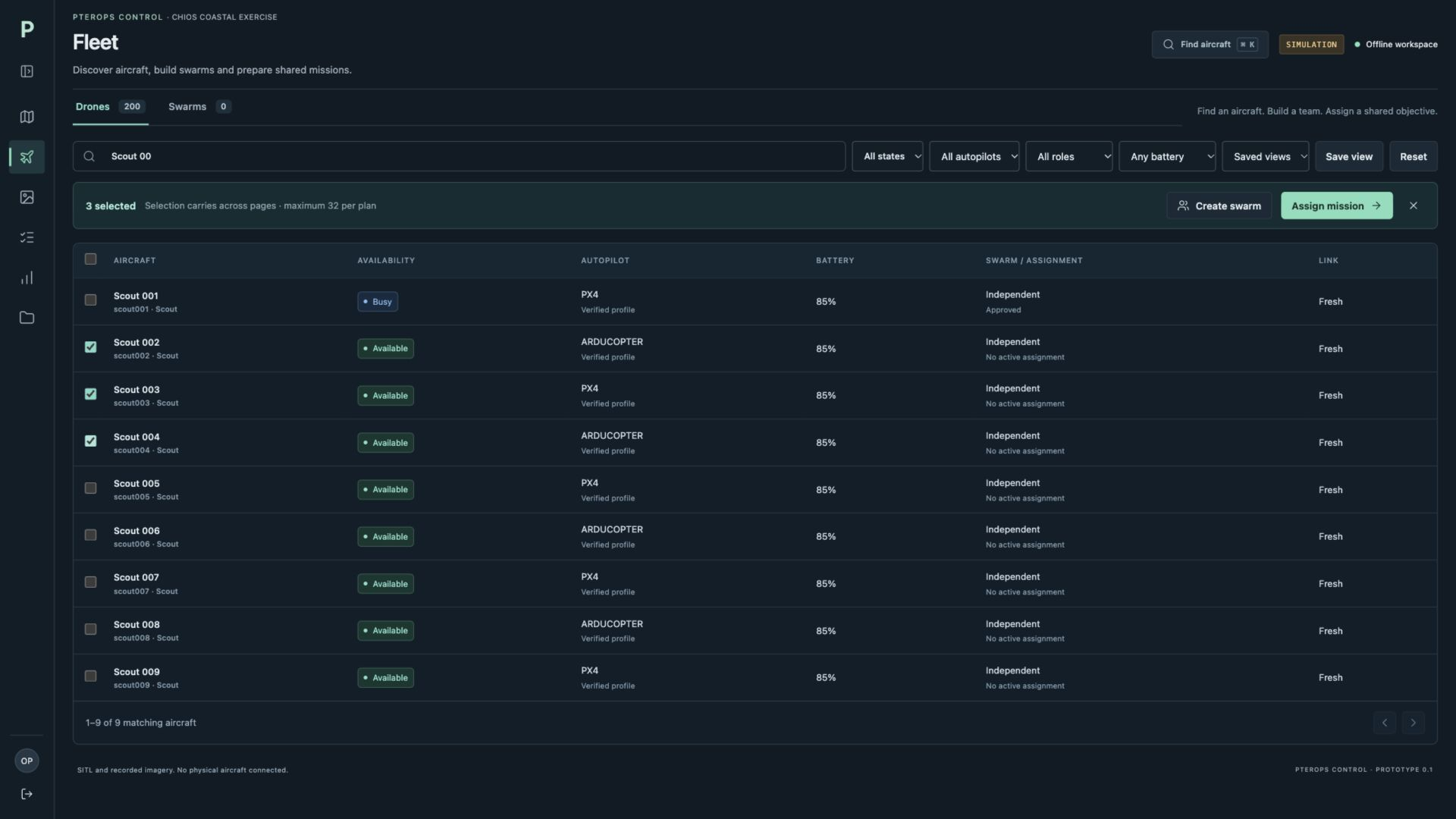 Pterops Control interface: Coordinate the team.