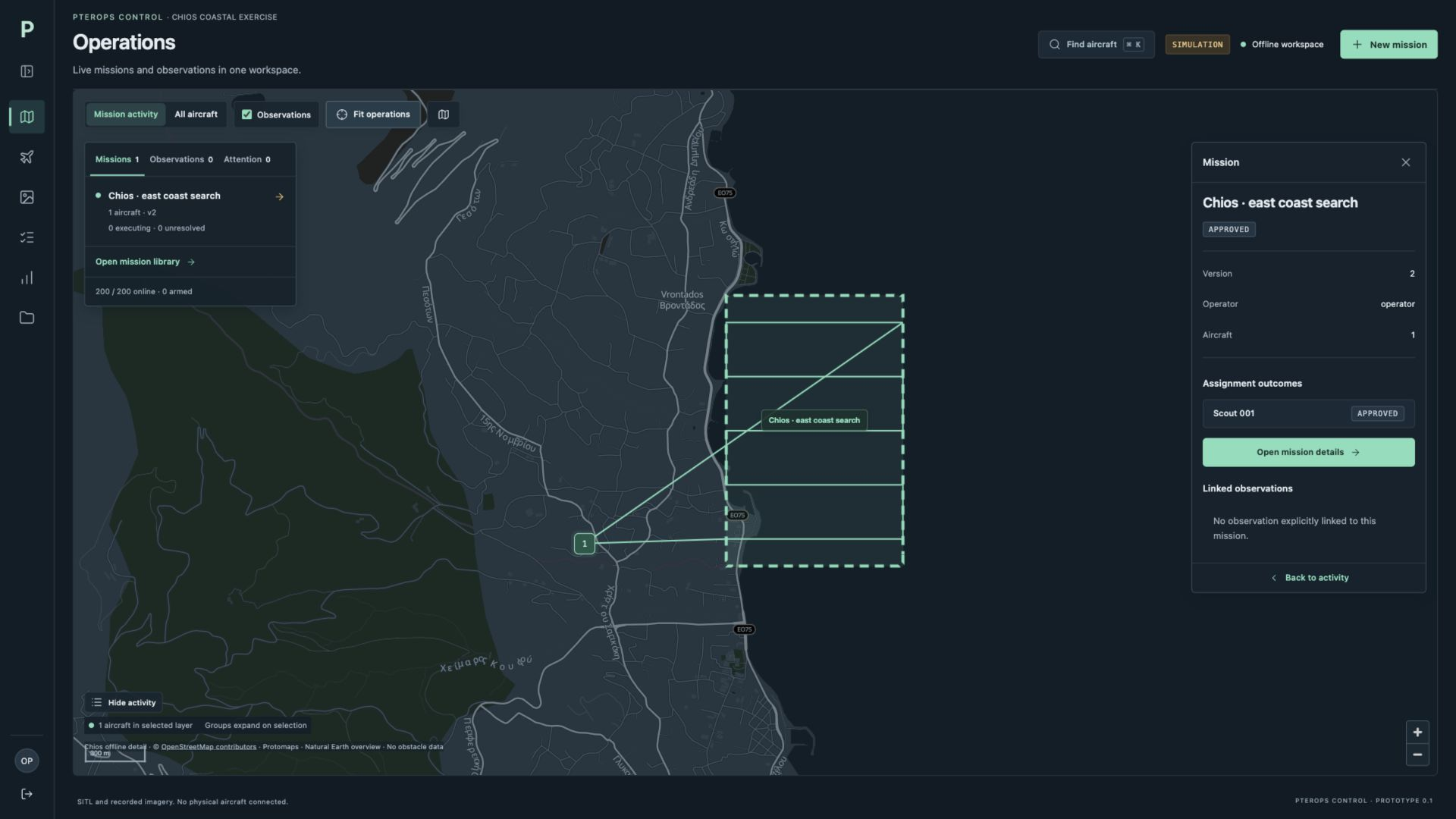 Pterops Control operations interface with a map, aircraft list and simulated search mission.